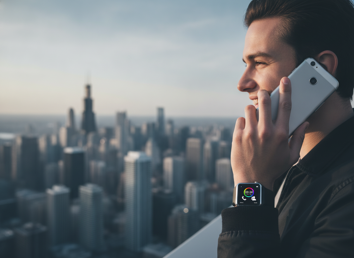 A person wearing an A1 WristWatch Bluetooth Smart Watch, smiling while on a call with a Chicago skyline in the background.