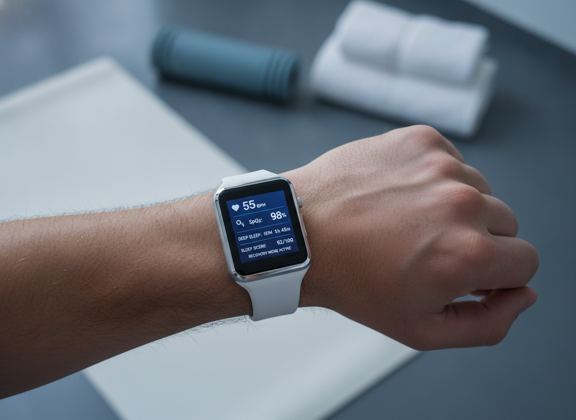 Close-up of a smartwatch on an athlete's wrist, displaying health data like sleep analysis and heart rate variability on its 