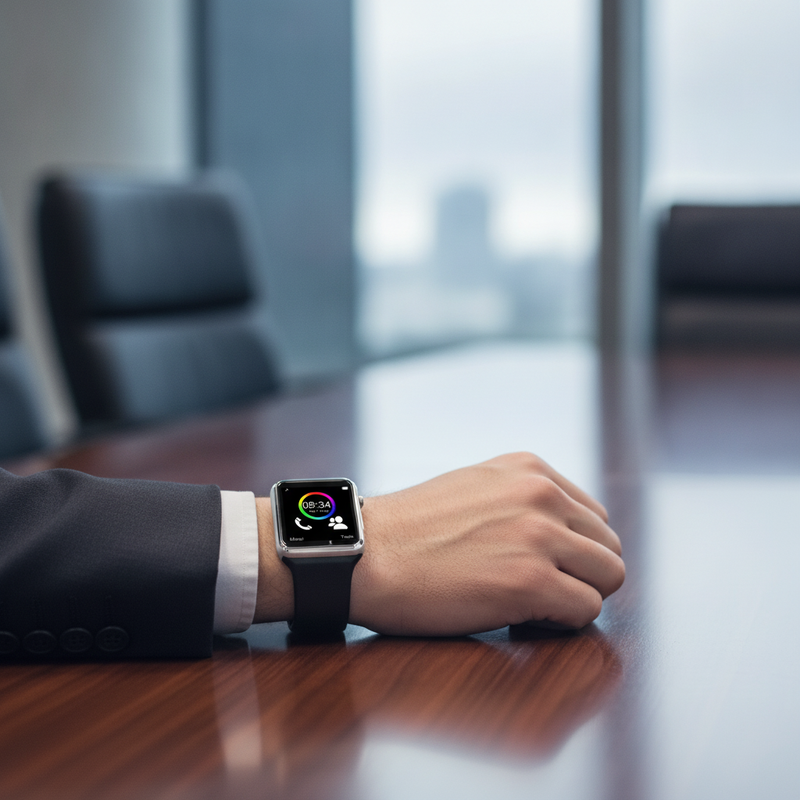 A professional man in a boardroom wearing an A1 smartwatch with a leather band, hand resting on a polished table.