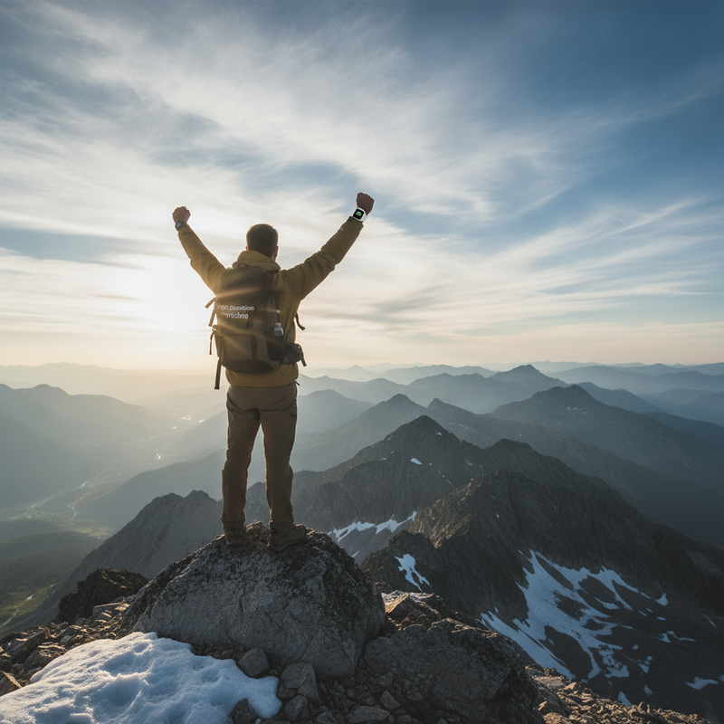 A man on a mountain peak at dawn, wearing the A1 Smart Watch showing 