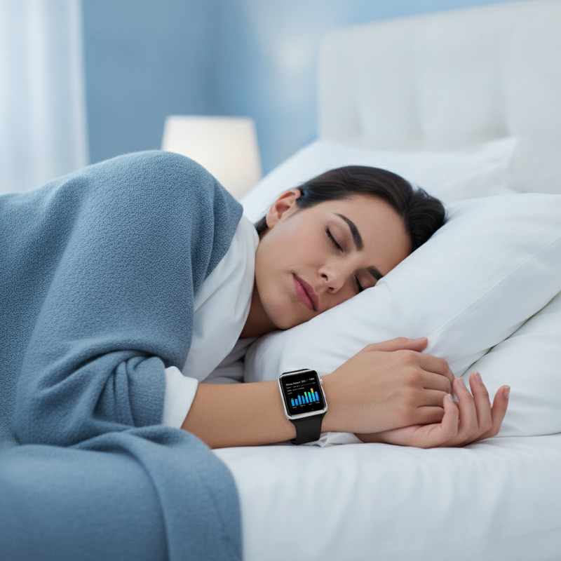 Person sleeping peacefully in bed, wearing an A1 WristWatch Bluetooth Smart Watch displaying 'In-Depth Sleep Quality Metrics'